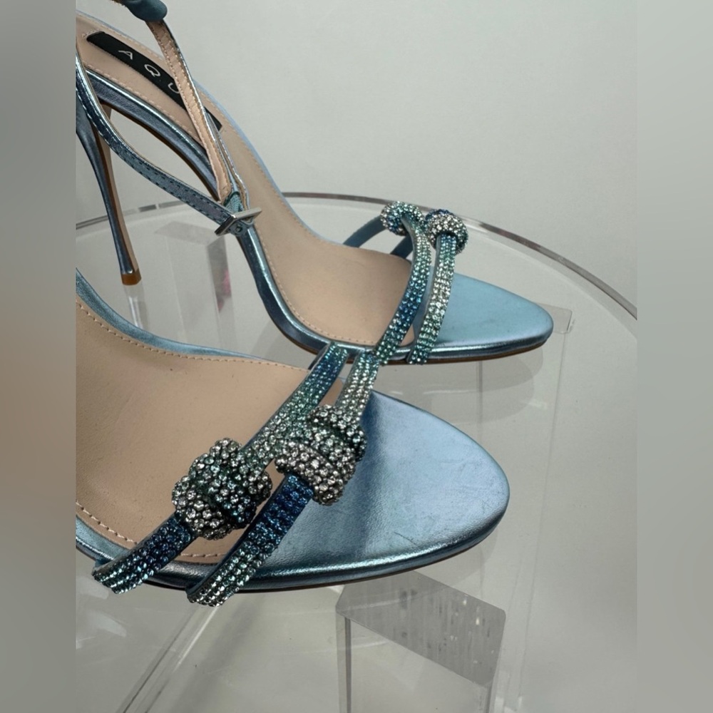 AQUA RHINESTONE STRAPY SANDAL HEELS - Picture 4 of 11